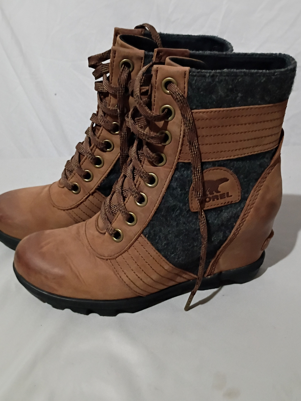 Sorel Lexie Brown Leather and Charcoal Lace-Up Wedge Boots